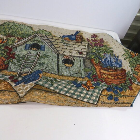 Birds & Birdhouse themed tapestry table runner Floral Spring Plaid - Picture 2 of 16